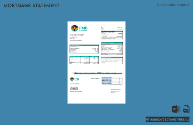 Südafrika First National Bank (FNB) Hypothekenabrechnung in Word- und PDF-Formaten – Beispielvorschau